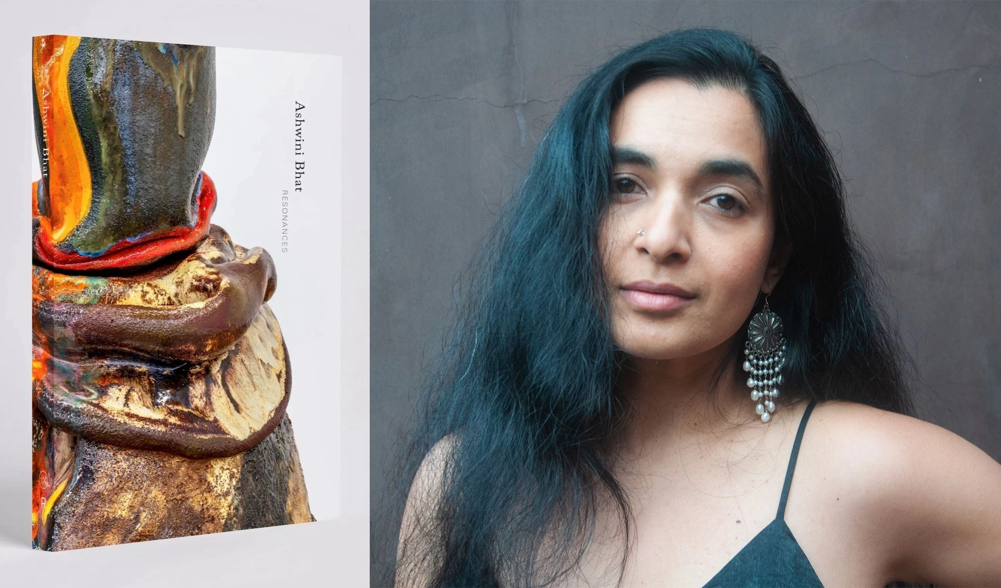 side by side images, on the left photo of a book entitled Resonances featuring an abstract detail of a sculpture on the cover, and on the right a portrait of the author, a dark skinned woman with long, dark hair wearing earrings and a dark dress